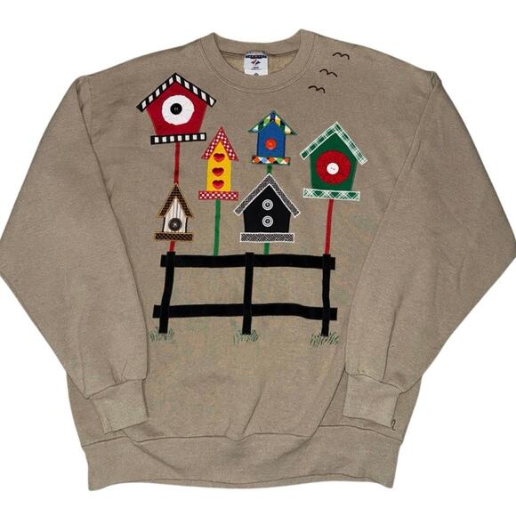 VTG 90s Birdhouse Leaf Crewneck Sweatshirt Brown Adult XL embroidered, buttons - Picture 1 of 2